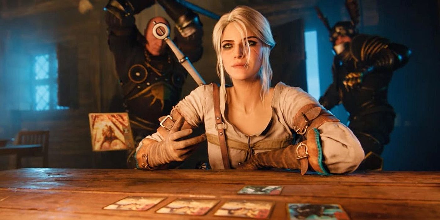 Image of Ciri tossing a Gwent card across the table while two Nilfgaardian soldiers prepare to attack her from behind.
