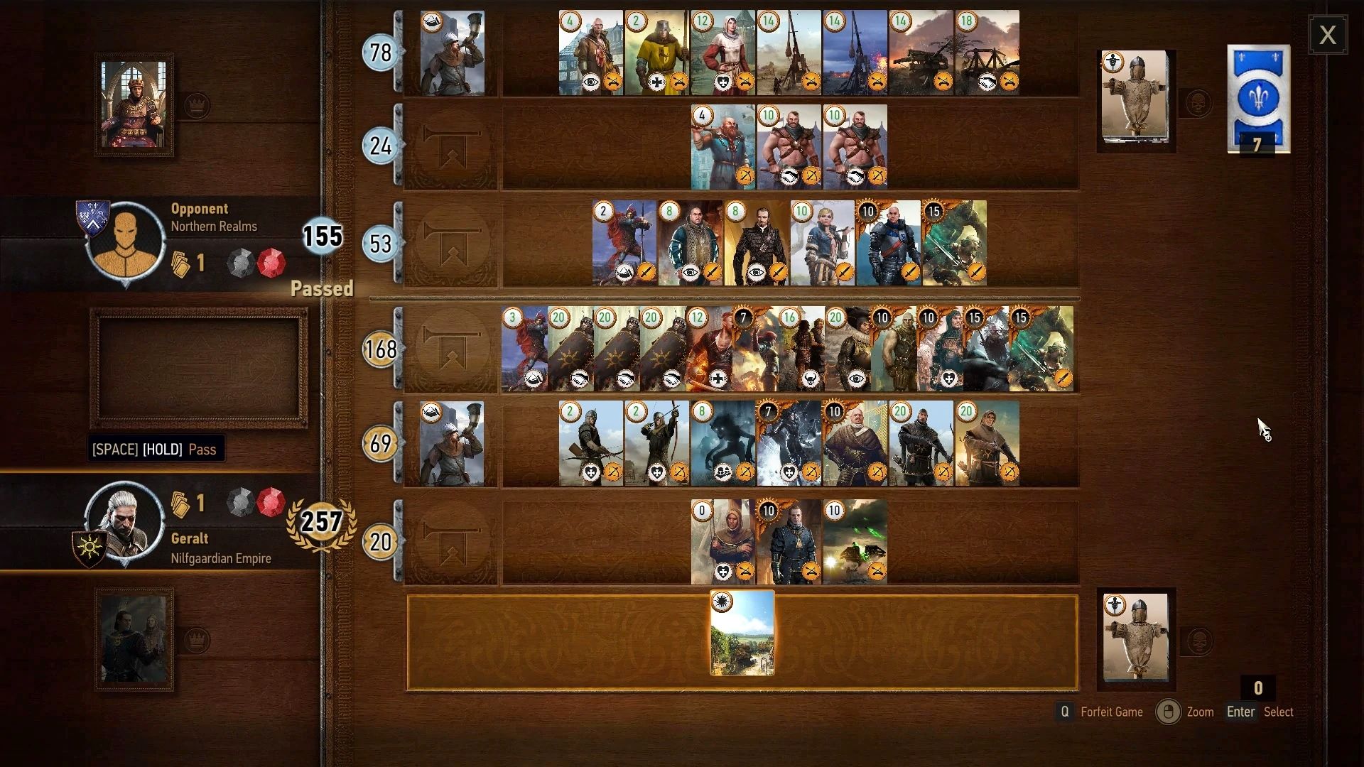 Imagem de uma partida de Gwent com um tabuleiro completo de cartas de The Witcher 3: Wild Hunt.
