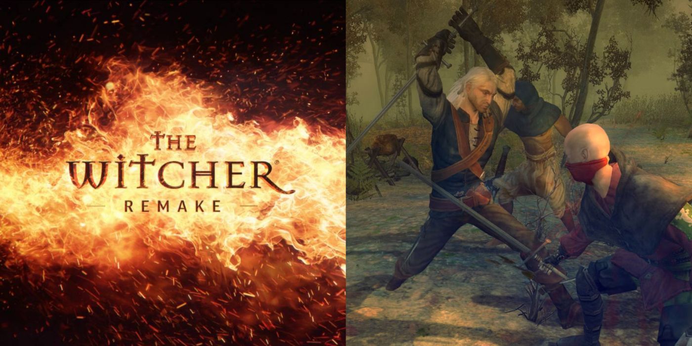 Split image of the logo for The Witcher Remake, and Geralt in combat in the original game.
