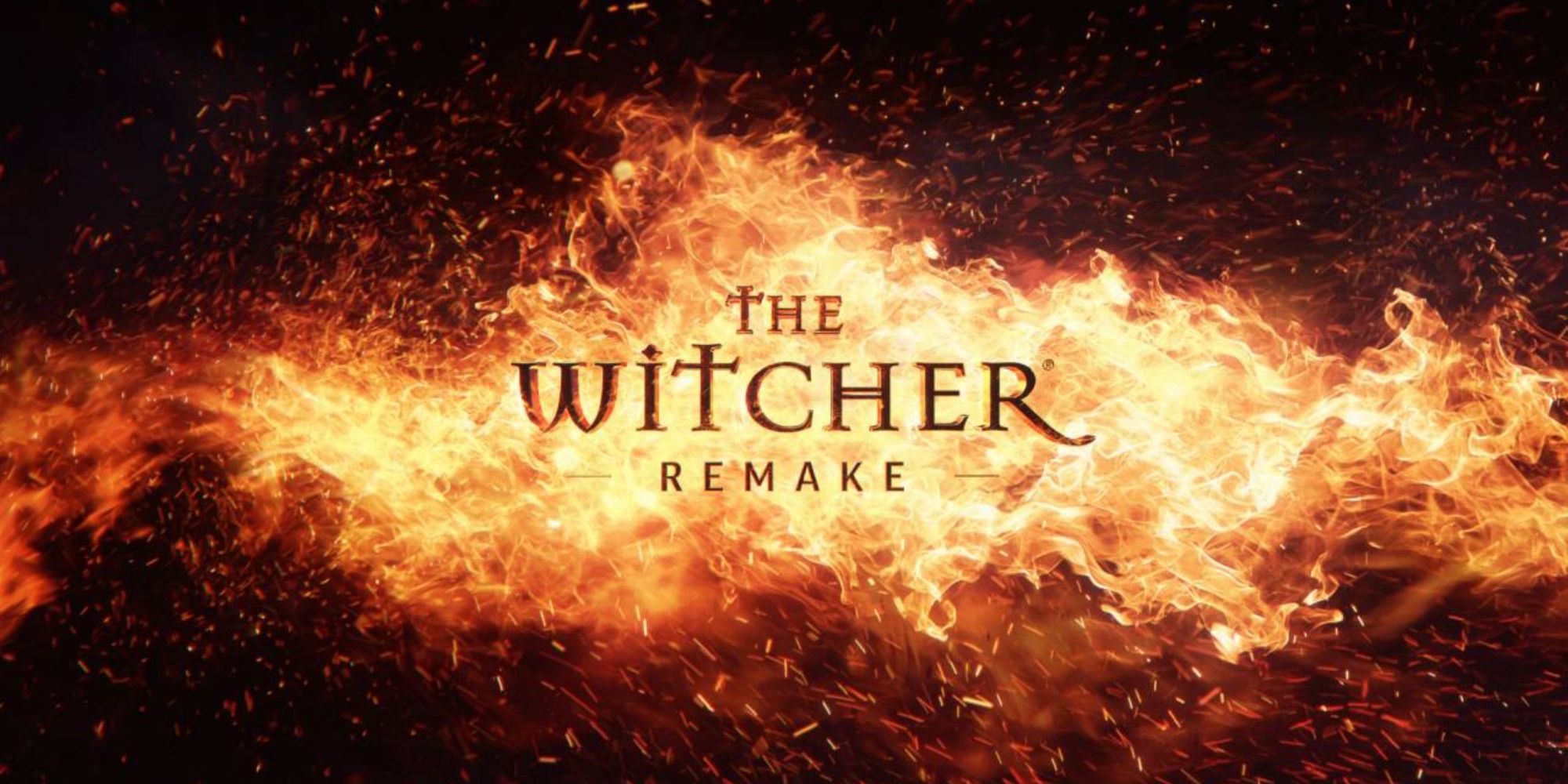 The Witcher Remake's official text logo on a fiery background.