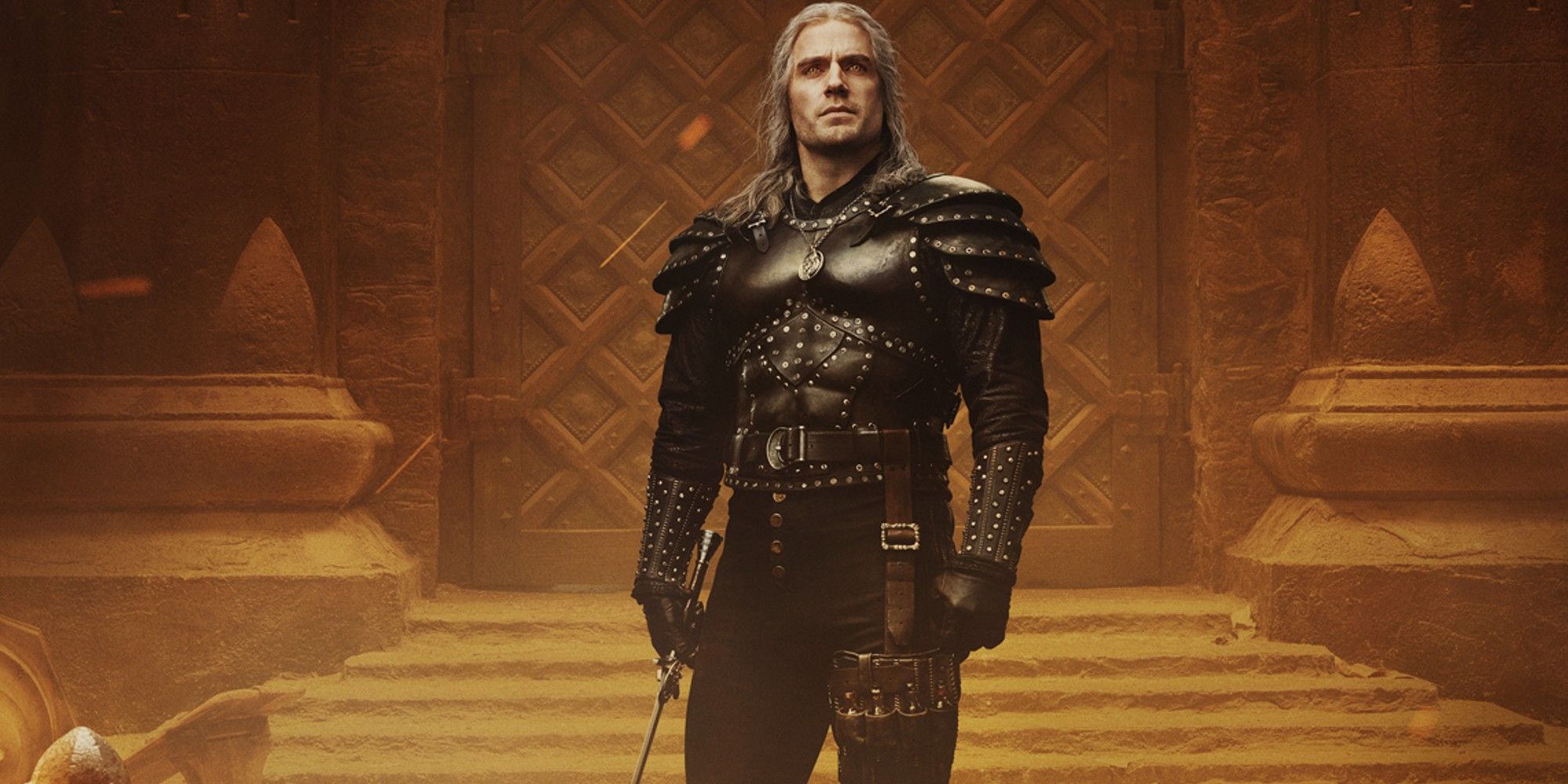 Geralt standing still and looking ahead in The Witcher.