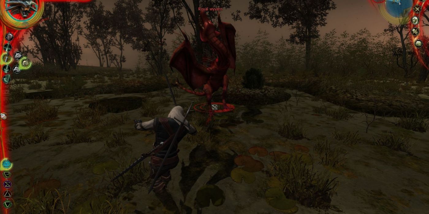 Geralt of Rivia fighting a Red Wyvern in The Witcher.