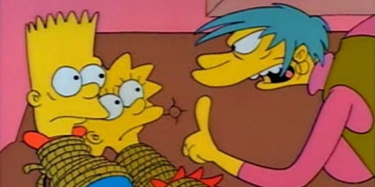 The babysitter ties up Bart and Lisa in The Simpsons
