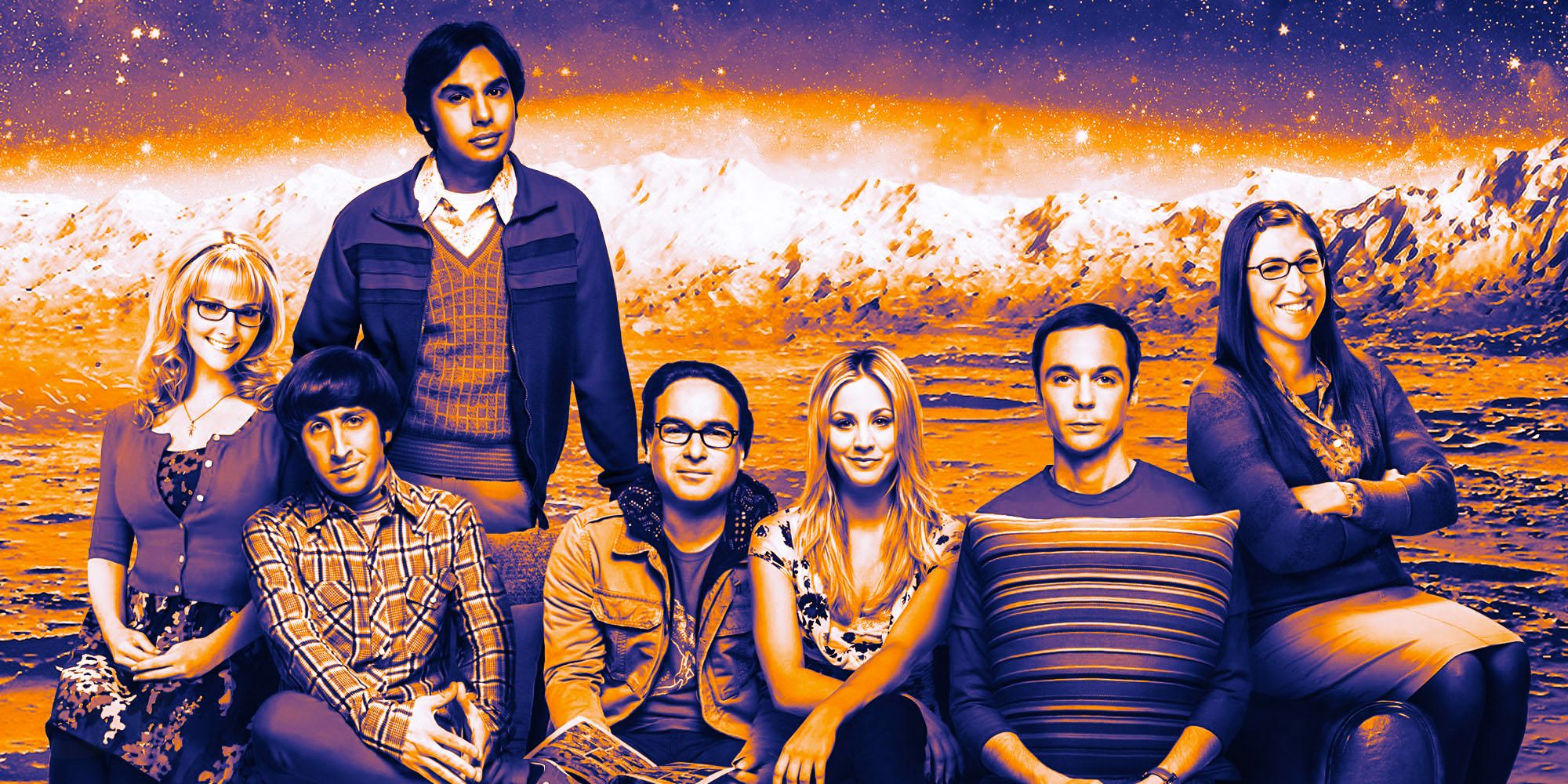 Leonard, Penny, Sheldon, Howard, Raj, and Amy sit on the sofa in The Big Bang Theory