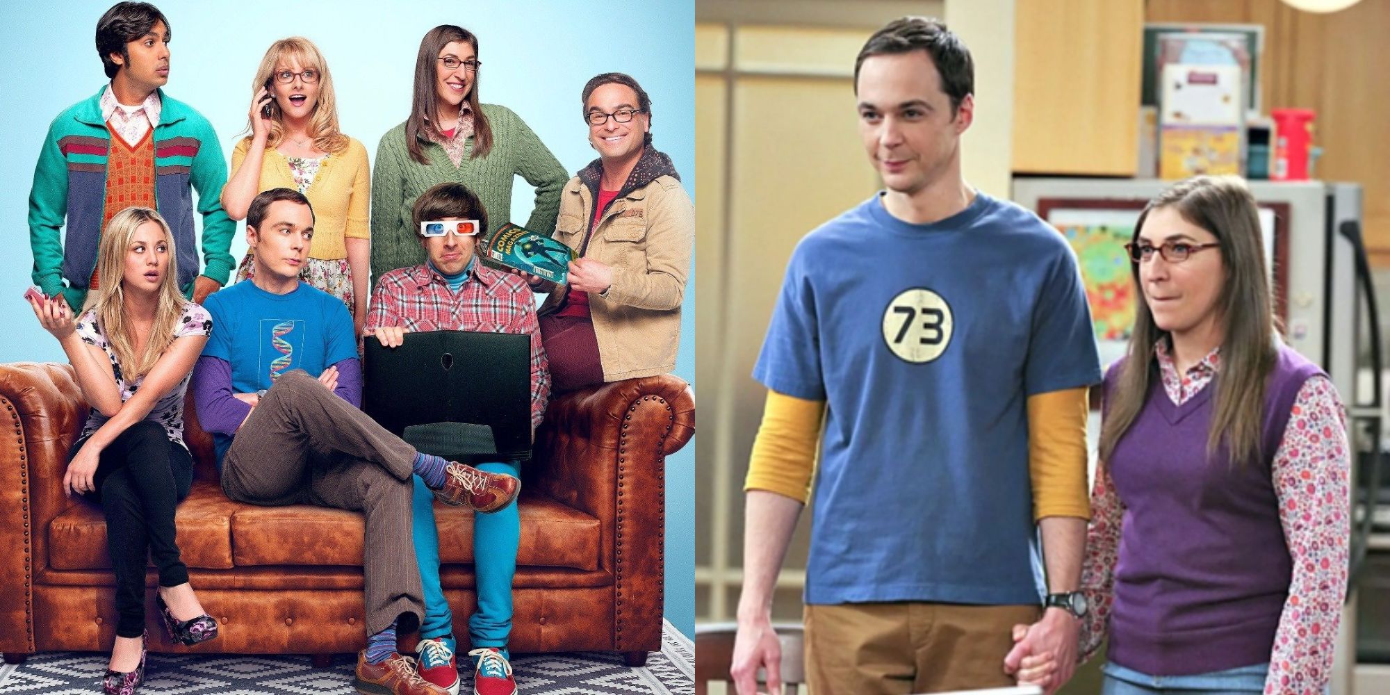 Split image showing the cast of The Big Bang Theory and Sheldon & Amy holding hands.