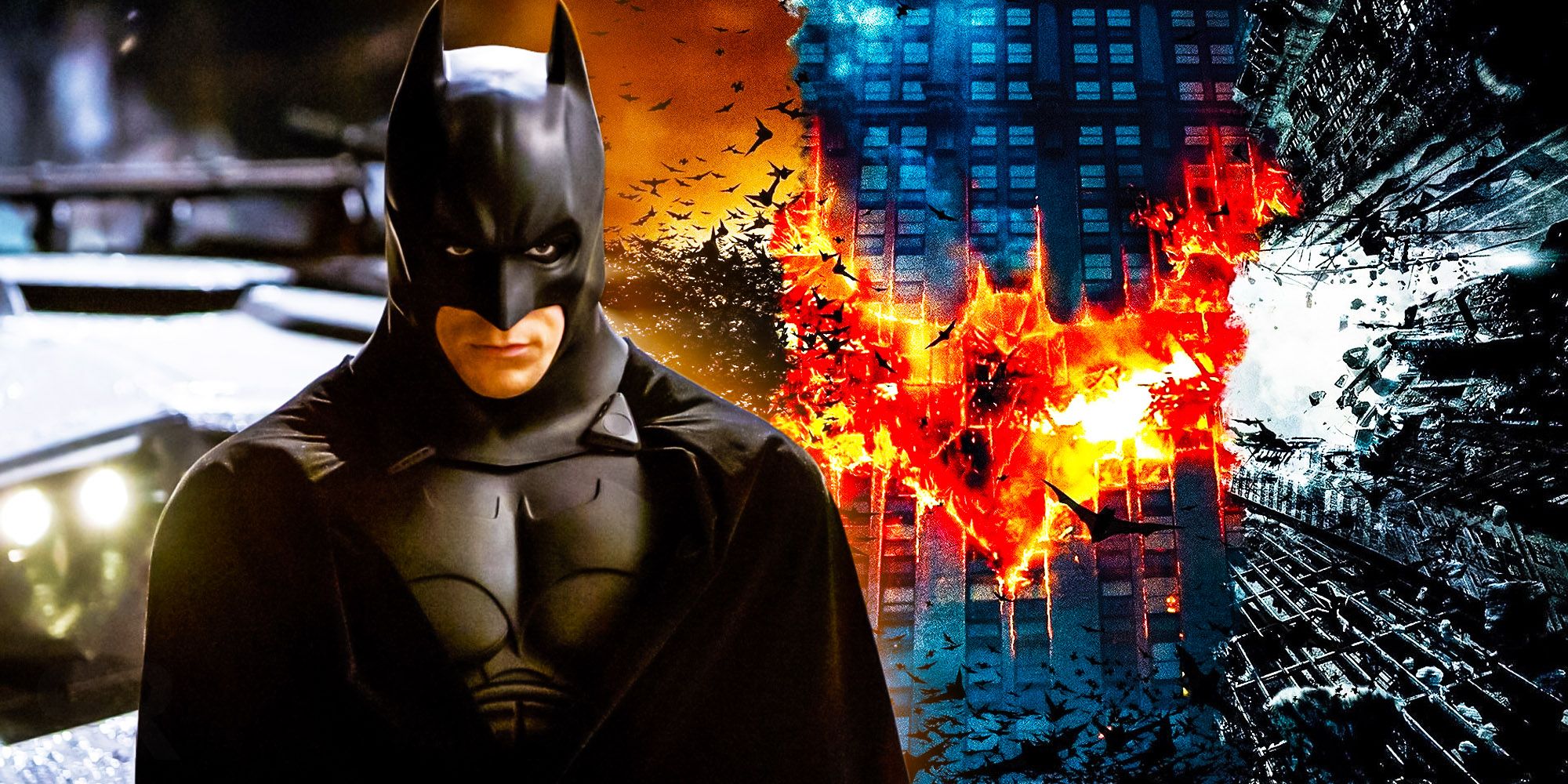 Christian Bale como Batman em Batman Begins e logotipo da trilogia O Cavaleiro das Trevas