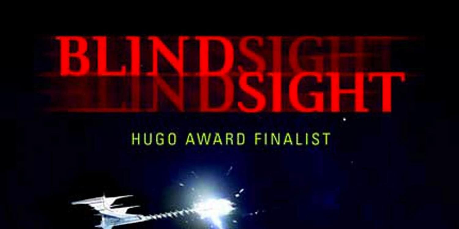 O texto do título de Blindsight com uma nave espacial abaixo dela