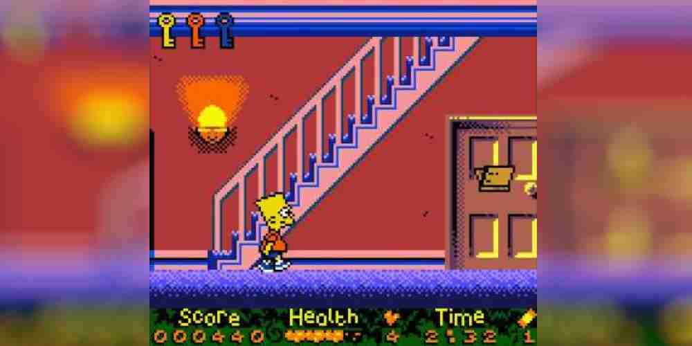 Bart walking through a hallway in a The Simpsons gameboy game.