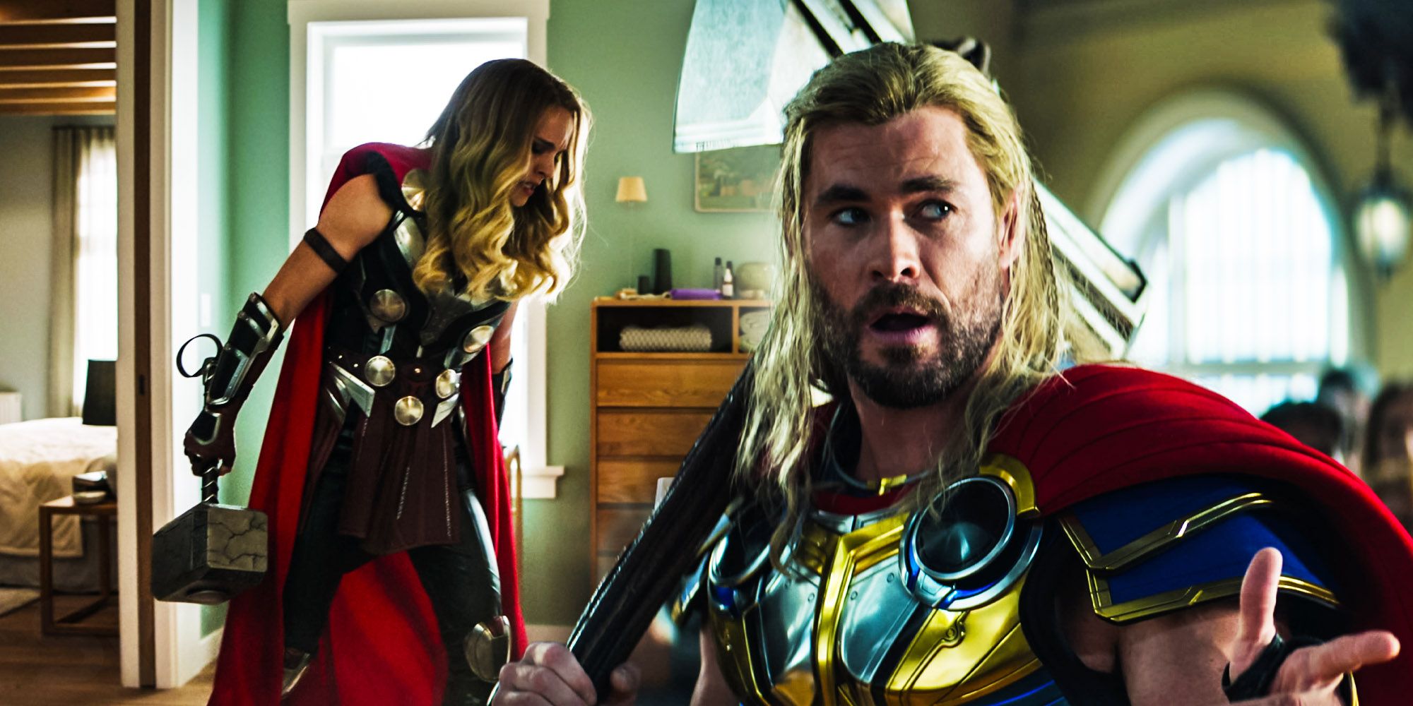 Thor holding Stormbreaker and Jane holding Mjolnir