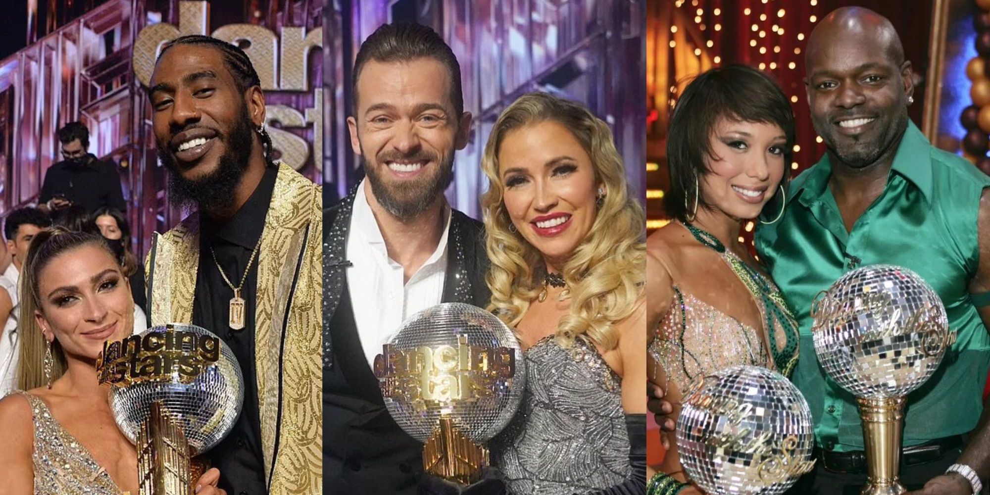 Three images of DWTS winners holding their mirrorball trophies