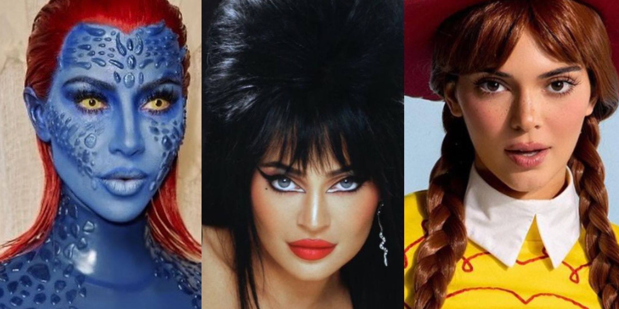 Três imagens de Kim Kardashian, Kylie Jenner e Kendall Jenner em suas fantasias de Halloween 2022