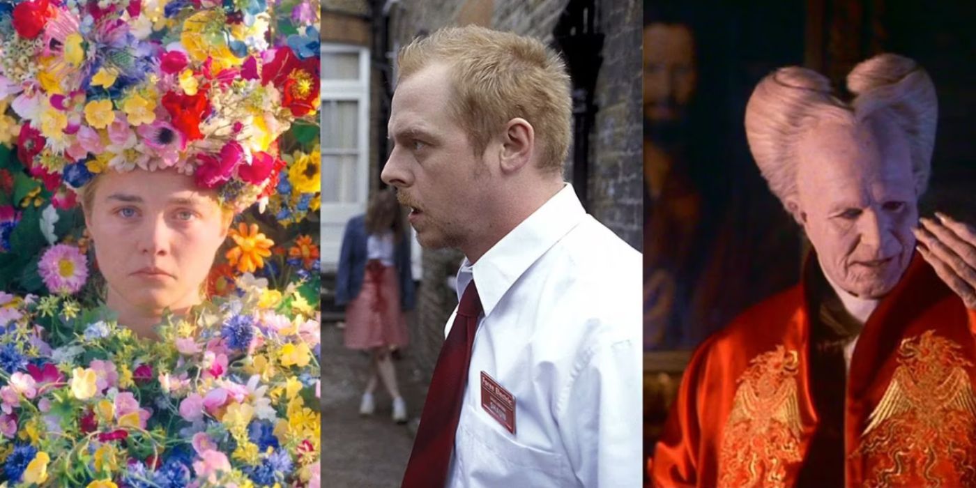 Three side by side images from Midsommar Shaun Of The Dead Bram Stoker Dracula