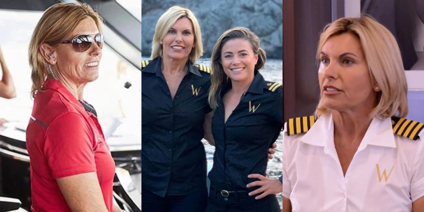Three split images of Captain Sandy and Malia from Below Deck