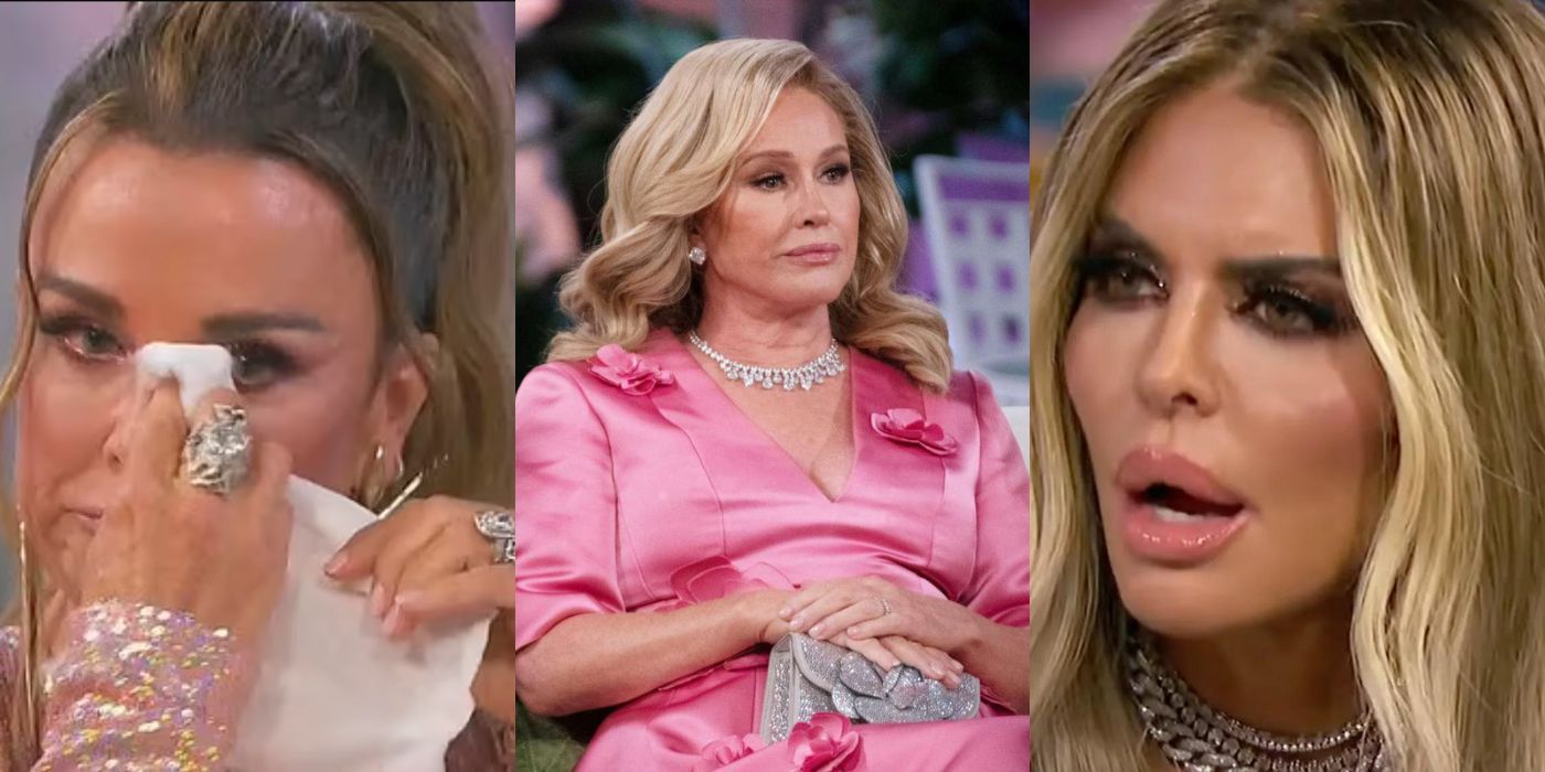 Three split images of Lisa, Kyle, and Kathy arguing on the RHOBH reunion
