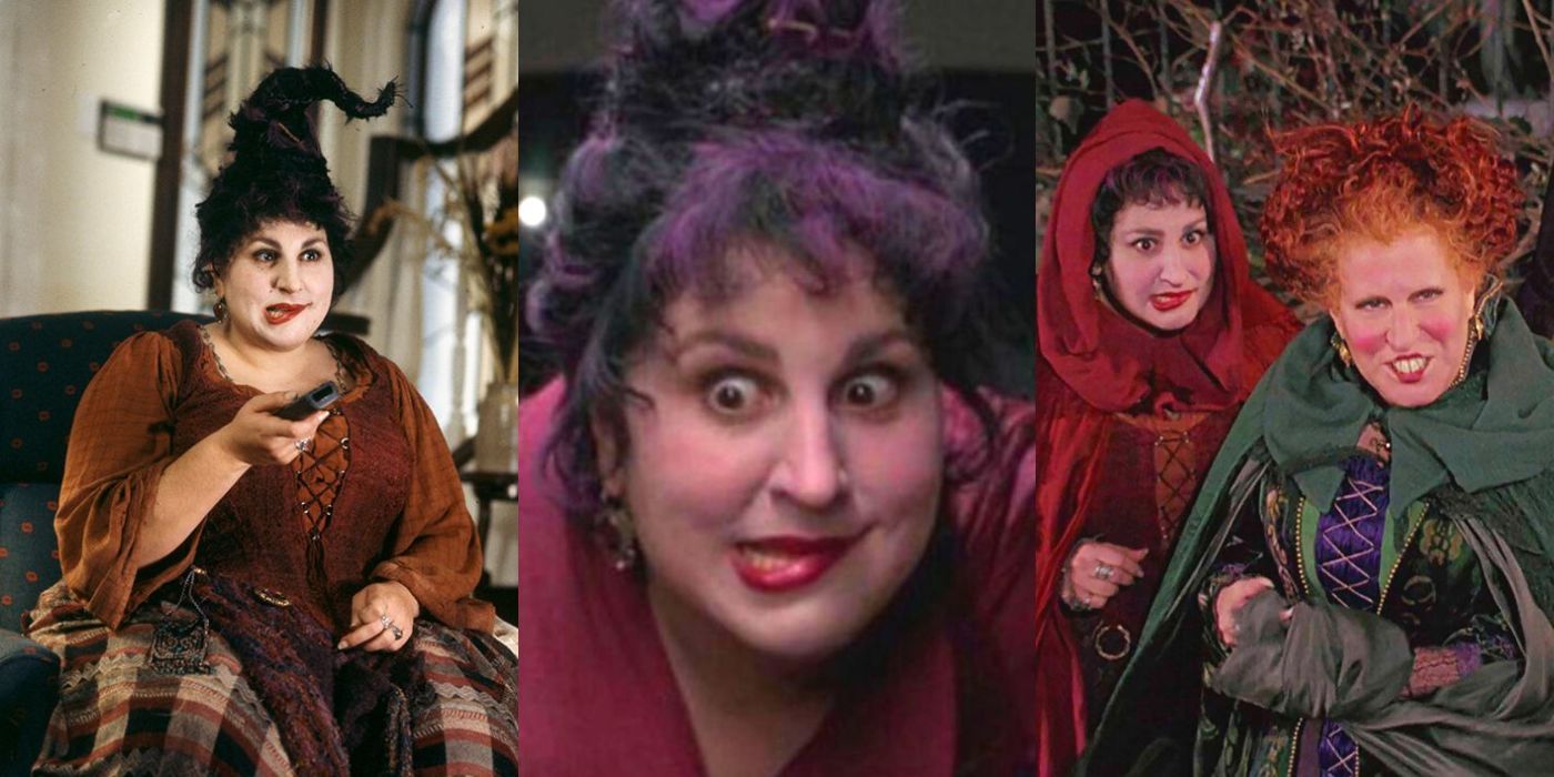 Three split images of Mary Sanderson and her sisters from Hocus Pocus