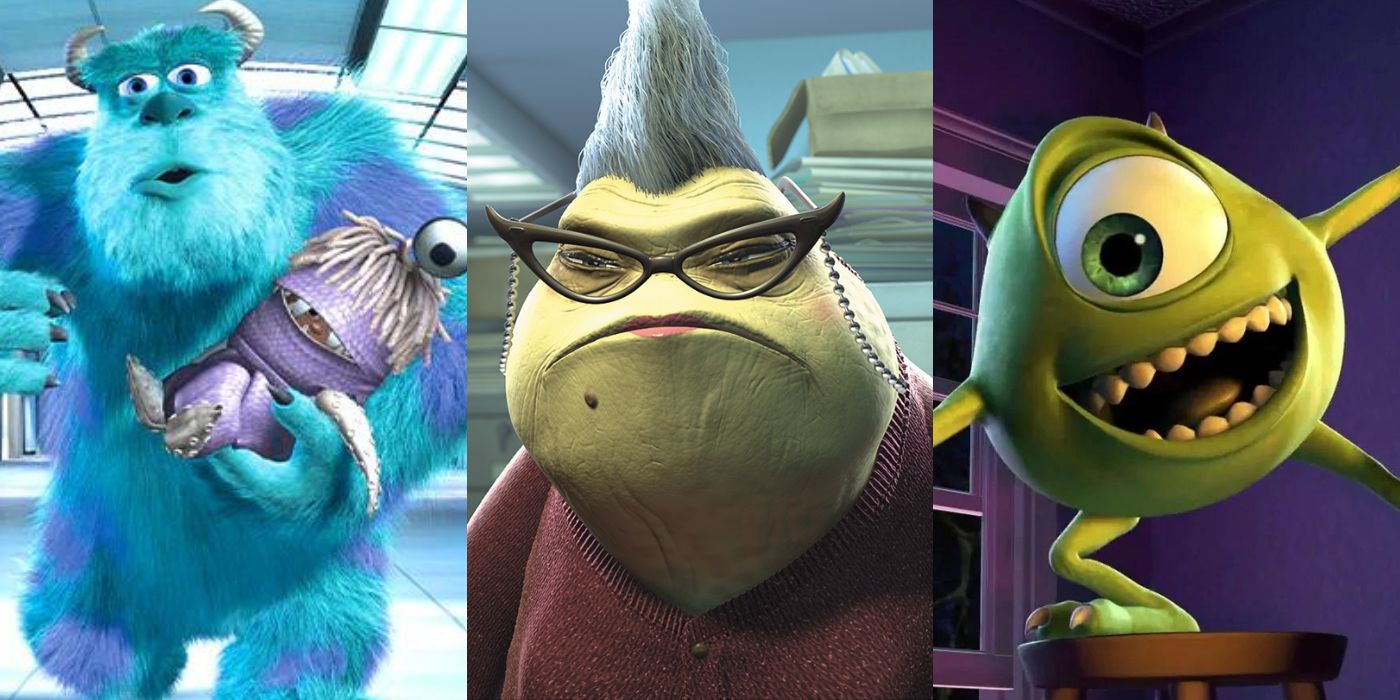 Three split images of Mike, Sully, and Roz from Monster's Inc