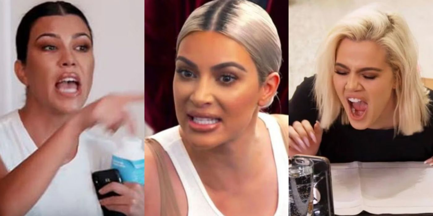 Three split images of the Kardashians arguing