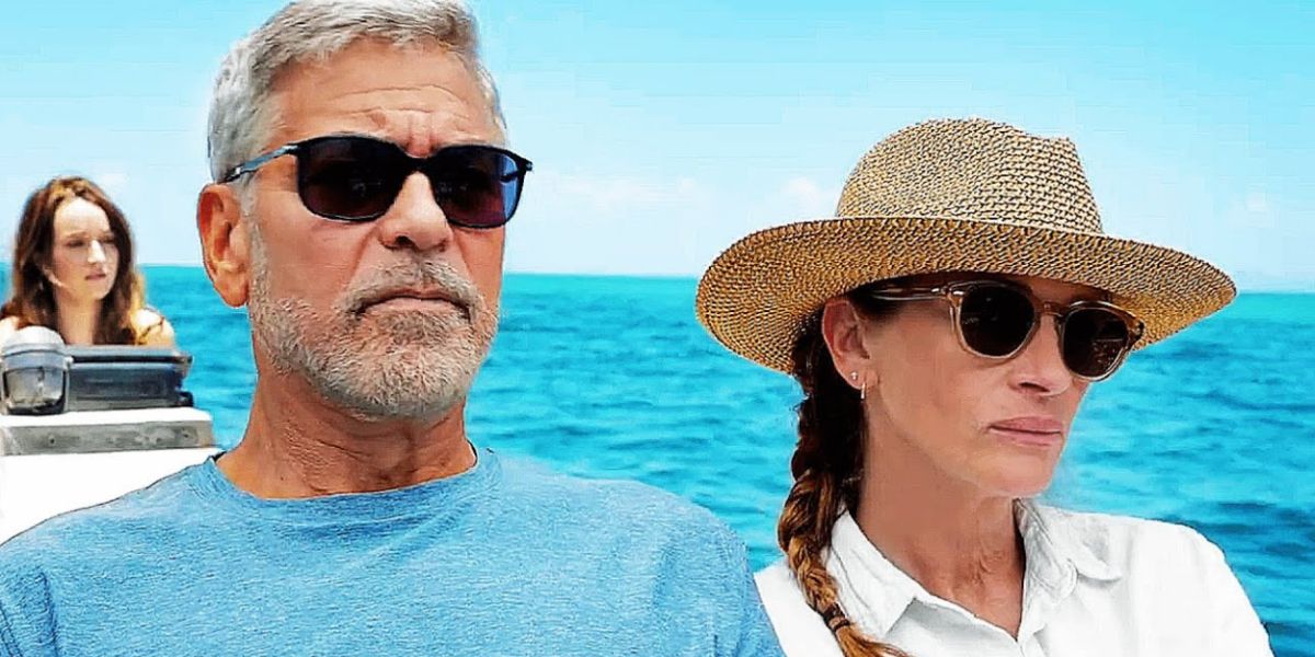 George Clooney and Julia Roberts on a boat in Bali in Ticket To Paradise