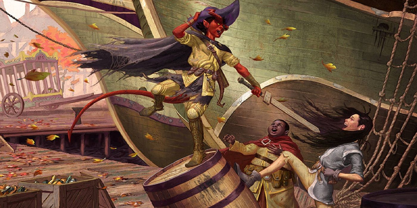 Tiefling pirate jumps on a barrel and holds their hat in place while pointing a wooden sword at two humans nearby.