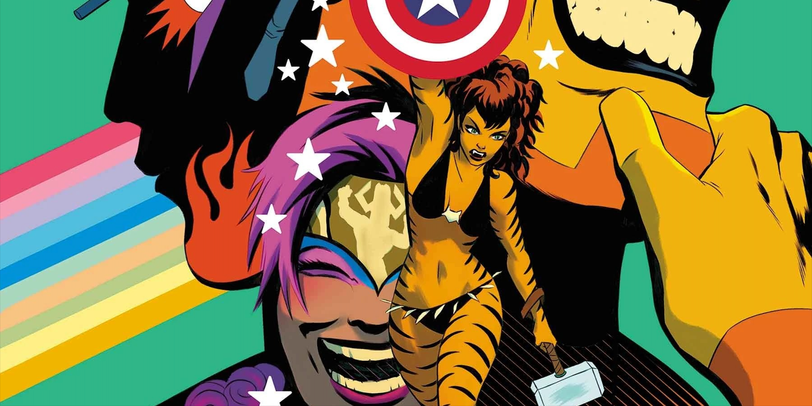 Tigra with Captain America's shield and Mjolnir