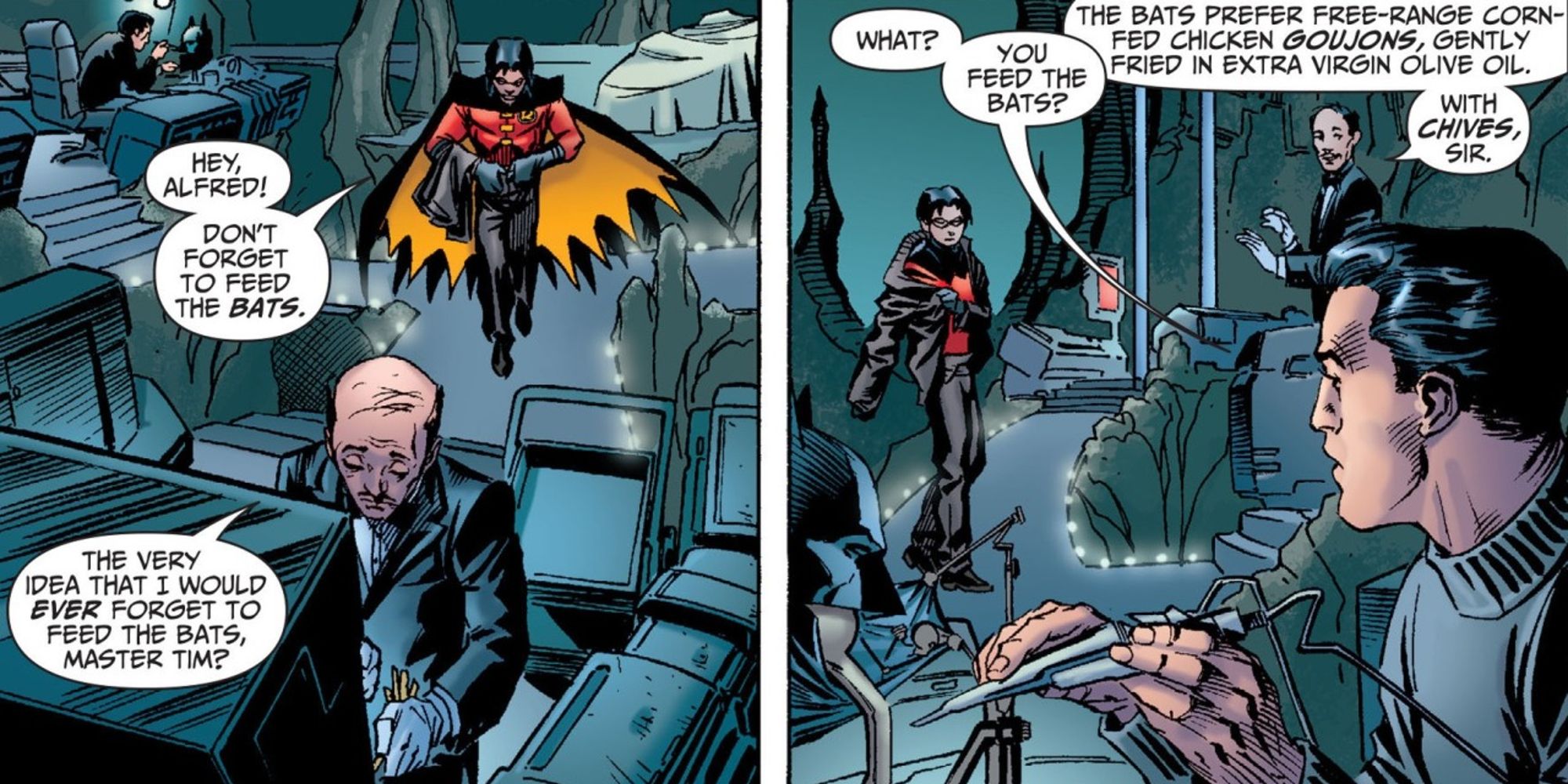 Tim Drake e Alfred discutindo a alimentação dos morcegos em Batman #655