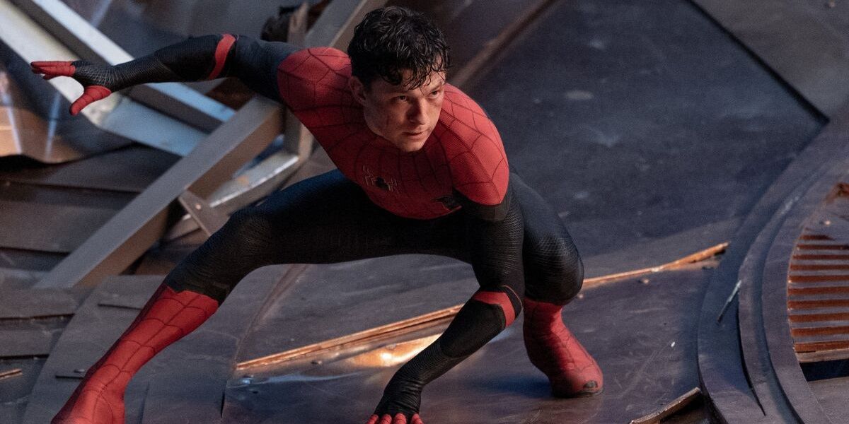 Tom Holland on a giant shield in Spider-Man No Way Home