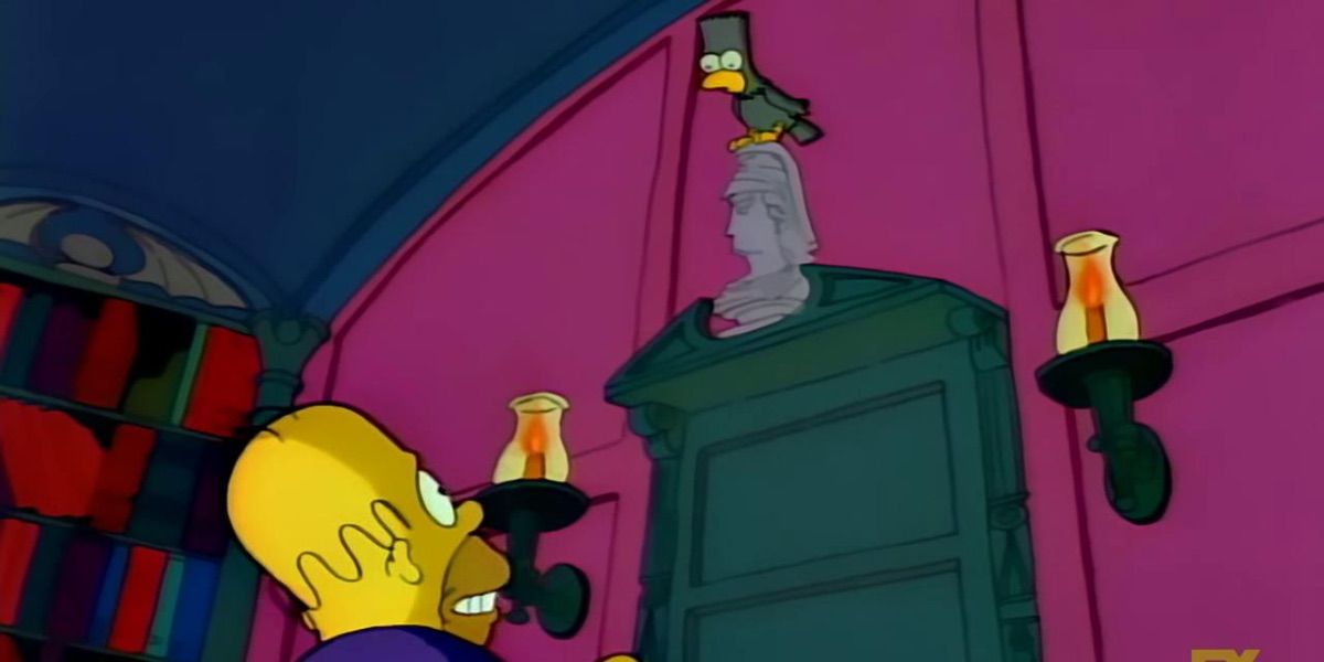Homer é ameaçado por um corvo que se parece com o Bart dos Simpsons 