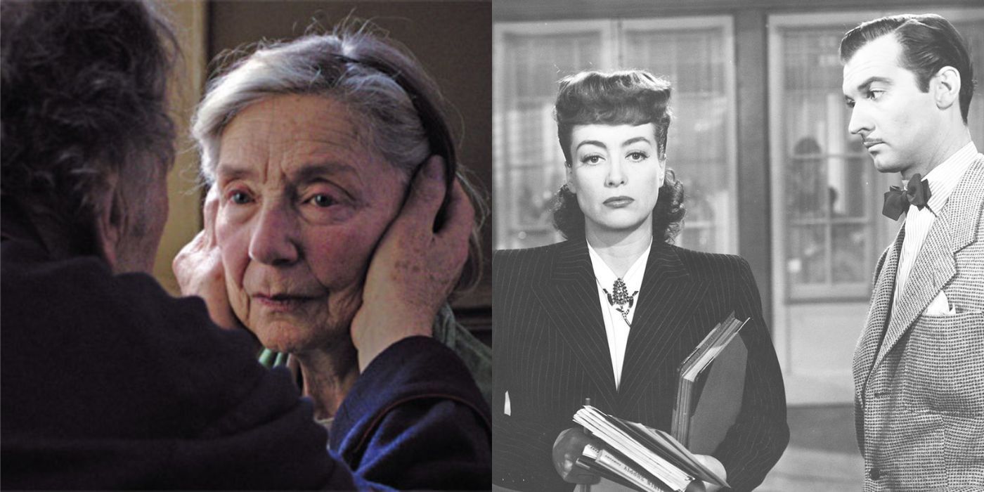 Two side by side images from Amour and Mildred Pierce