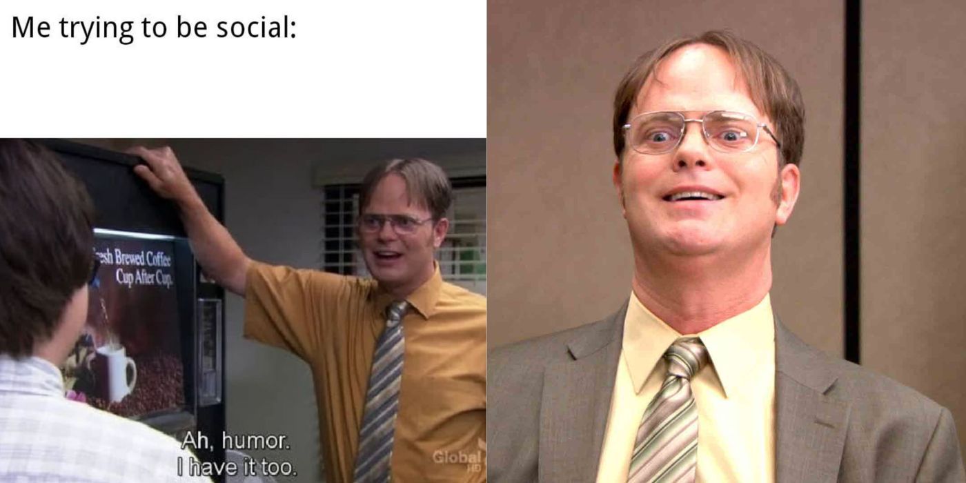 Two side by side images of a Dwight meme and Dwight looking awkward from The Office