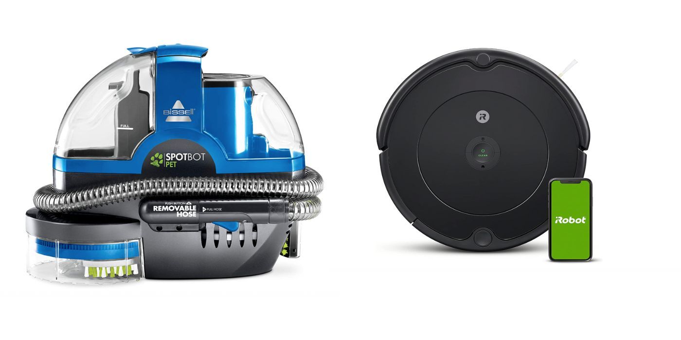 Two side by side images of a Roomba and a SpotBot