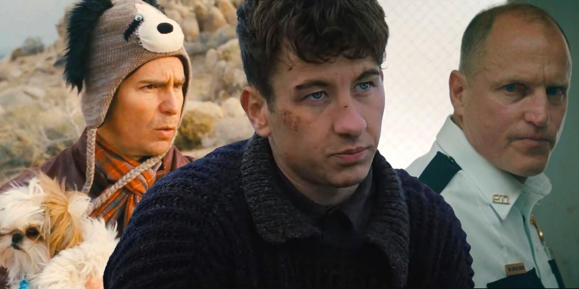 Sam Rockwell in Seven Psychopaths, Barry Keoghan in The Banshees of Inisherin, and Woody Harrelson in Three Billboards Outside Ebbing, Missouri.