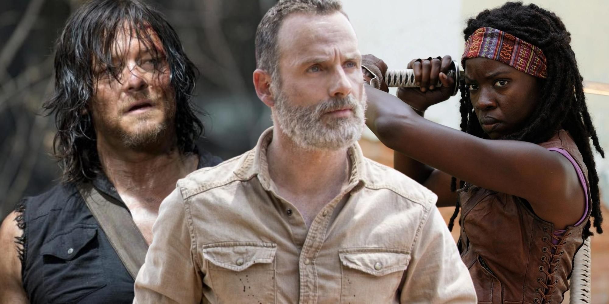 A collage of Daryl Dixon, Rick Grimes, and Michonne in The Walking Dead
