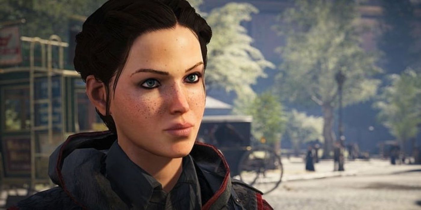 Evie Frye standing on a street.