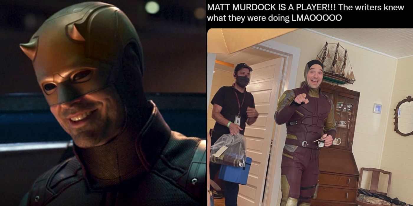 Split image of Matt Murdock in the Daredevil suit smiling, and a tweet that reads