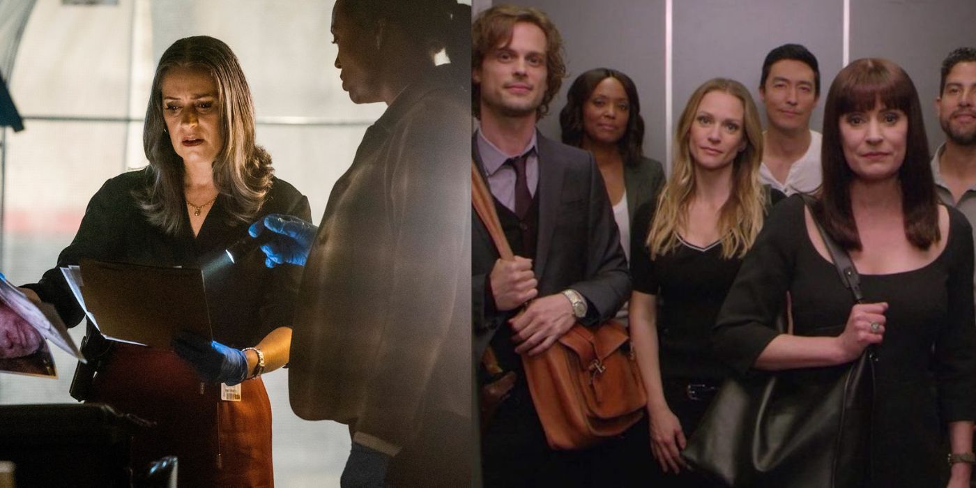 Split image of Emily Prentiss and Tara Lewis in the new season, and the closing image of the old season with everyone in the elevator