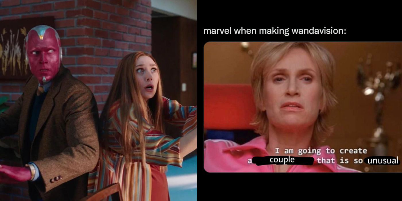 Split image of Wanda and Vision in WandaVision looking scared, and screenshot of a tweet about Wanda and Vision being an unusual couple