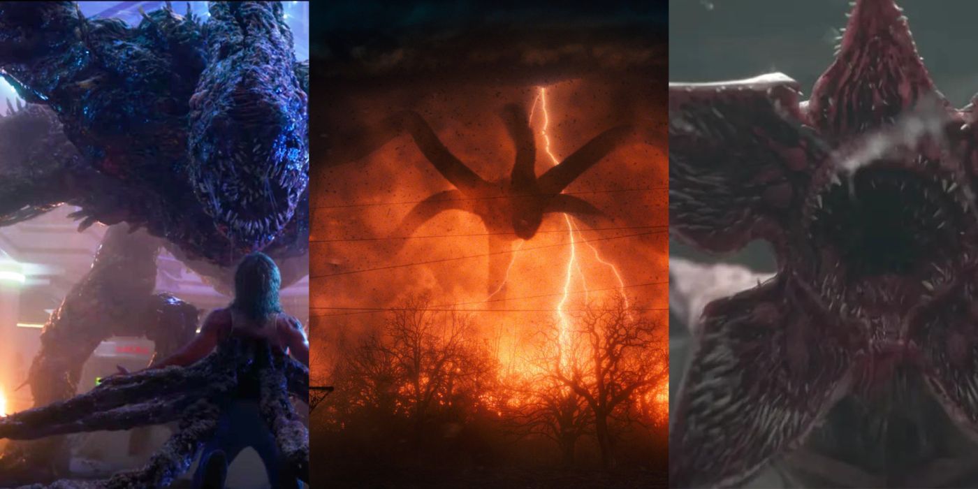 Split image of the Spider-Monster, The Mind Flayer, and The Demogorgon