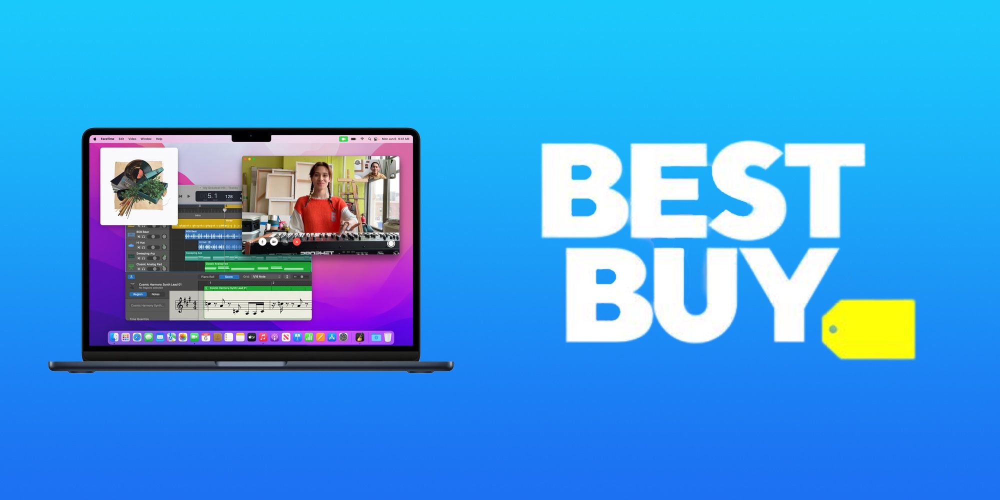 Best Buy logo with M2 MacBook Air.