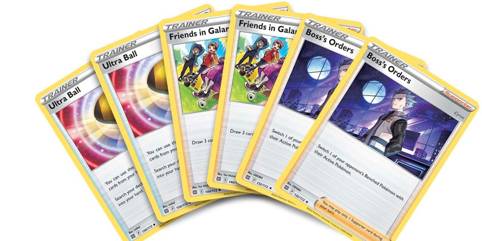 Image of each of the additional trainer cards that are included in the exclusive bundle version of both V Battle Decks. From left to right: two Ultra Balls, two Friends in Galar, and two Boss's Orders 