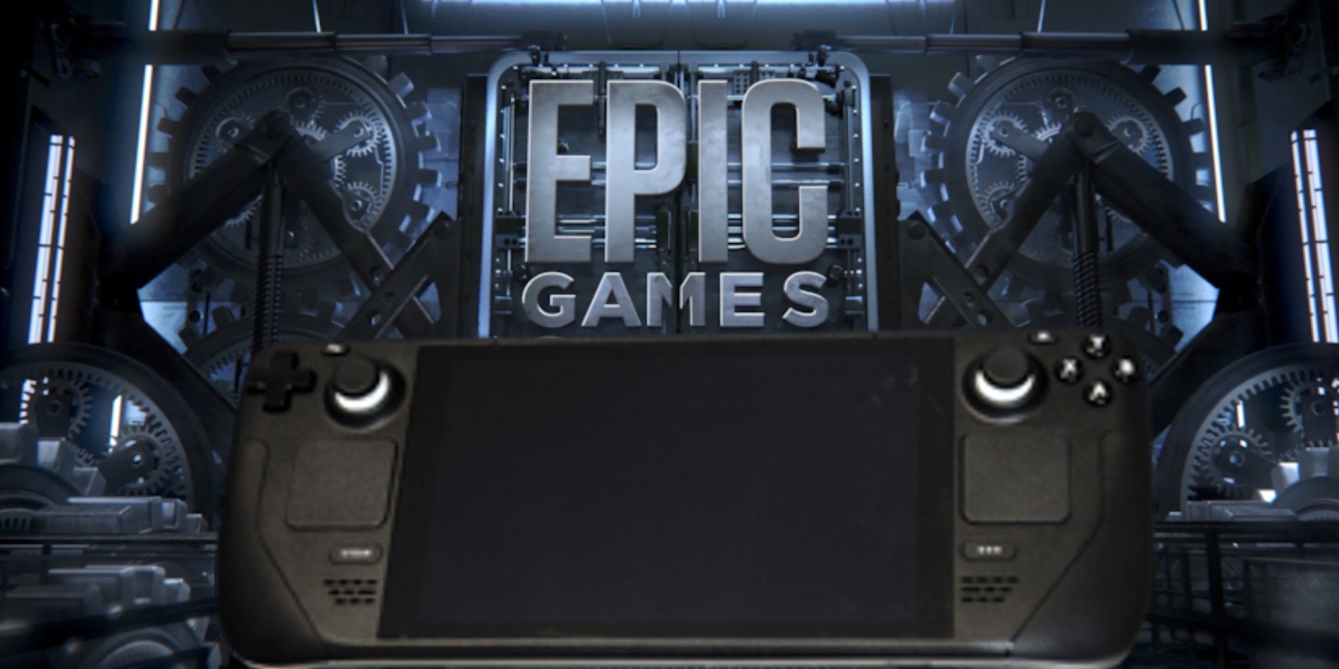 A Steam Deck rests below the Epic Games logo.