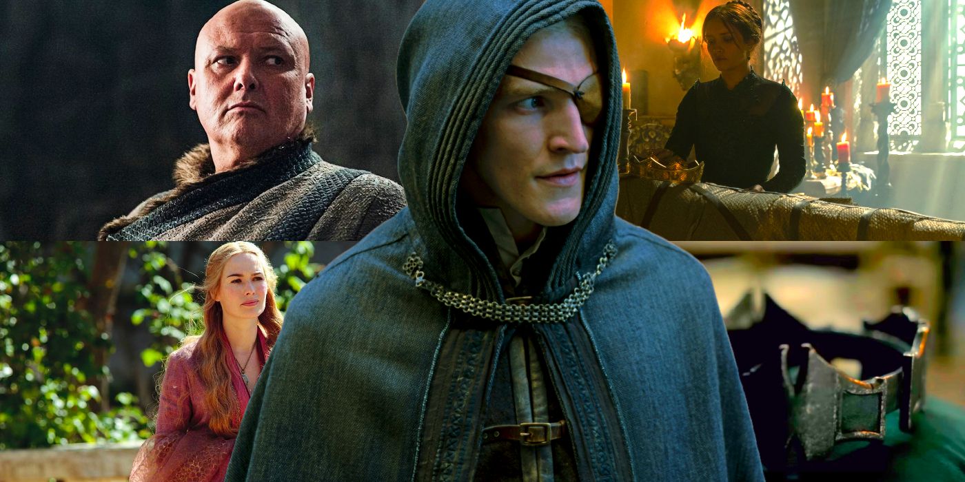 Varys and Cersei in Game of Thrones, Aemond, Alicent , and Aegon crown in House of the Dragon