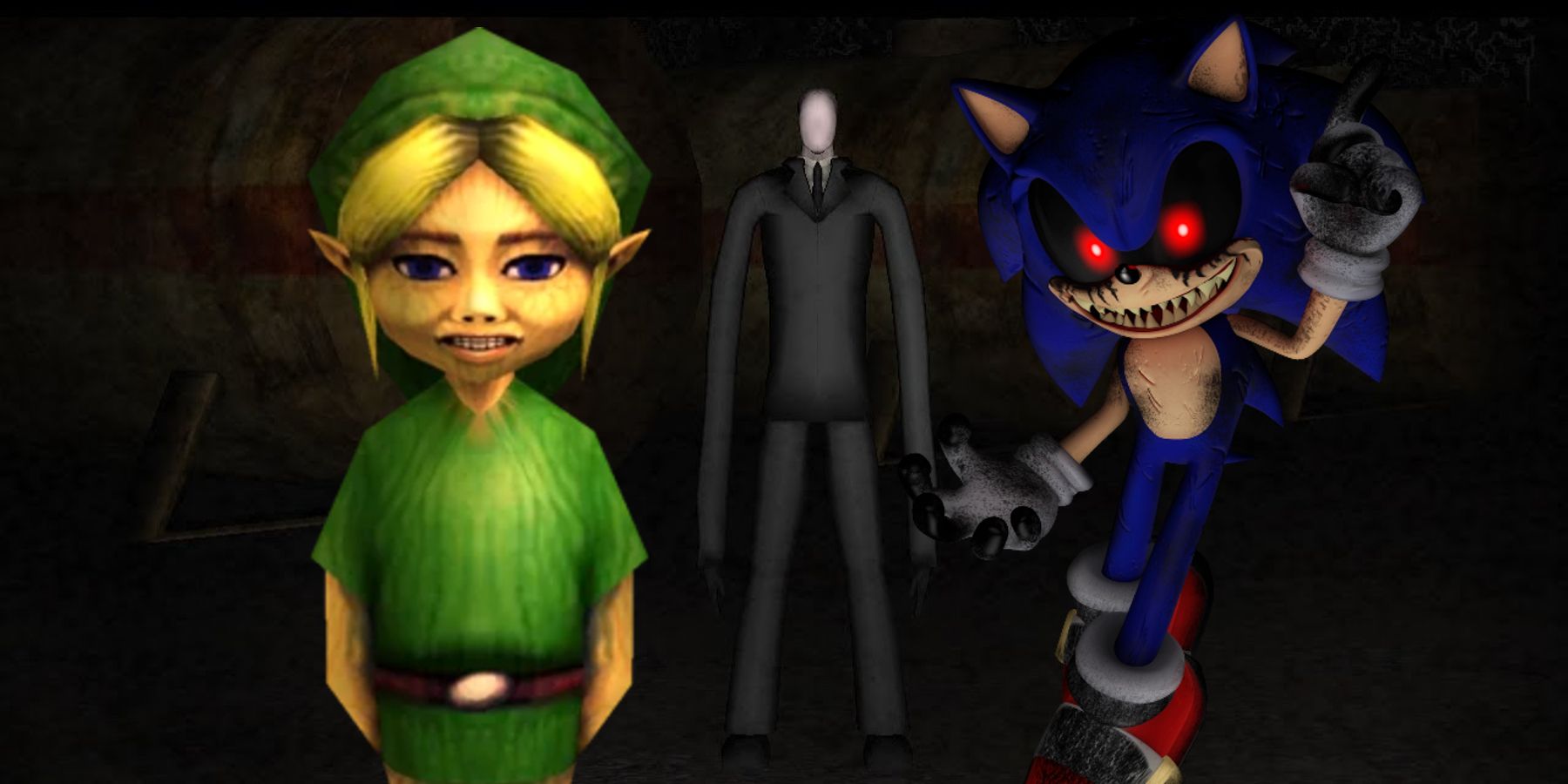Image featuring BEN Drowned, Slender Man, and Sonic.exe. BEN is a creepy version of Link from Zelda, while Sonic.exe is the original hedgehog with glowing red eyes and a razor-sharp grin.