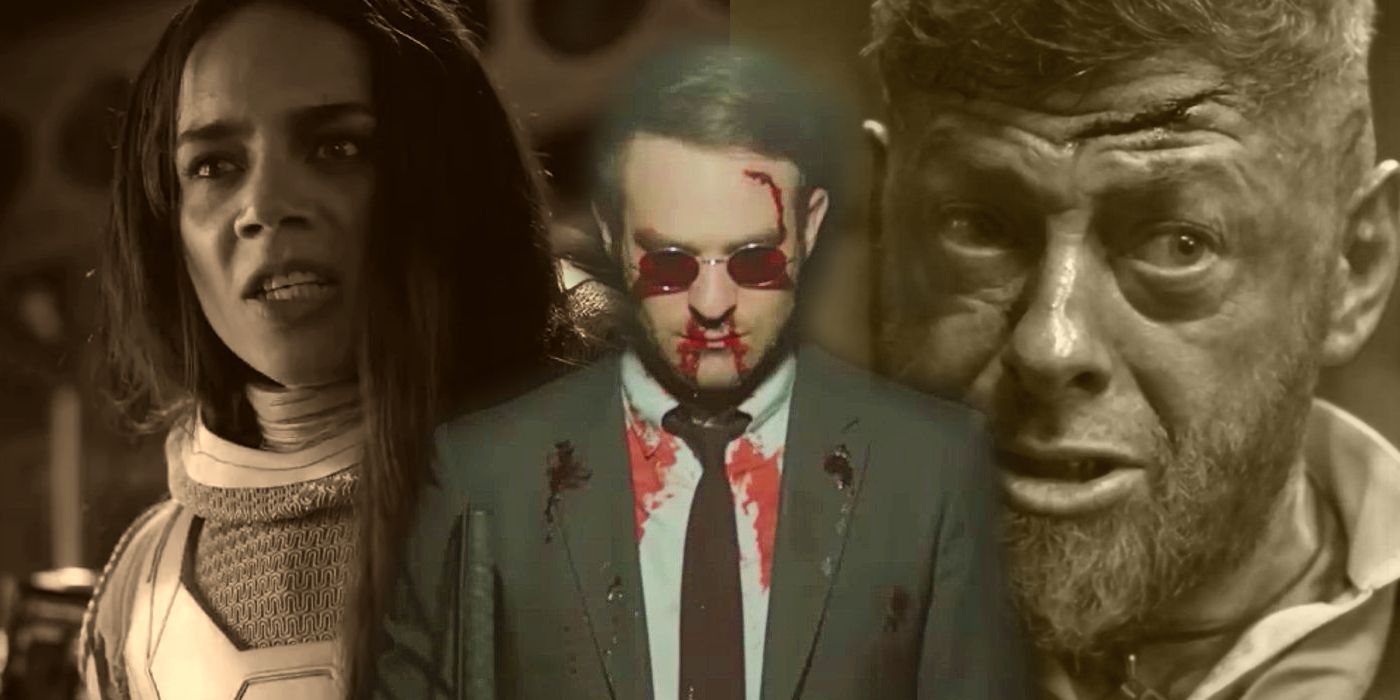 Charlie Cox as Matt Murdock covered in blood and looking down; Hannah John-Kamen as Ghost in Ant-Man and the Wasp; Andy Serkis as Ulysses Klaue in Black Panther