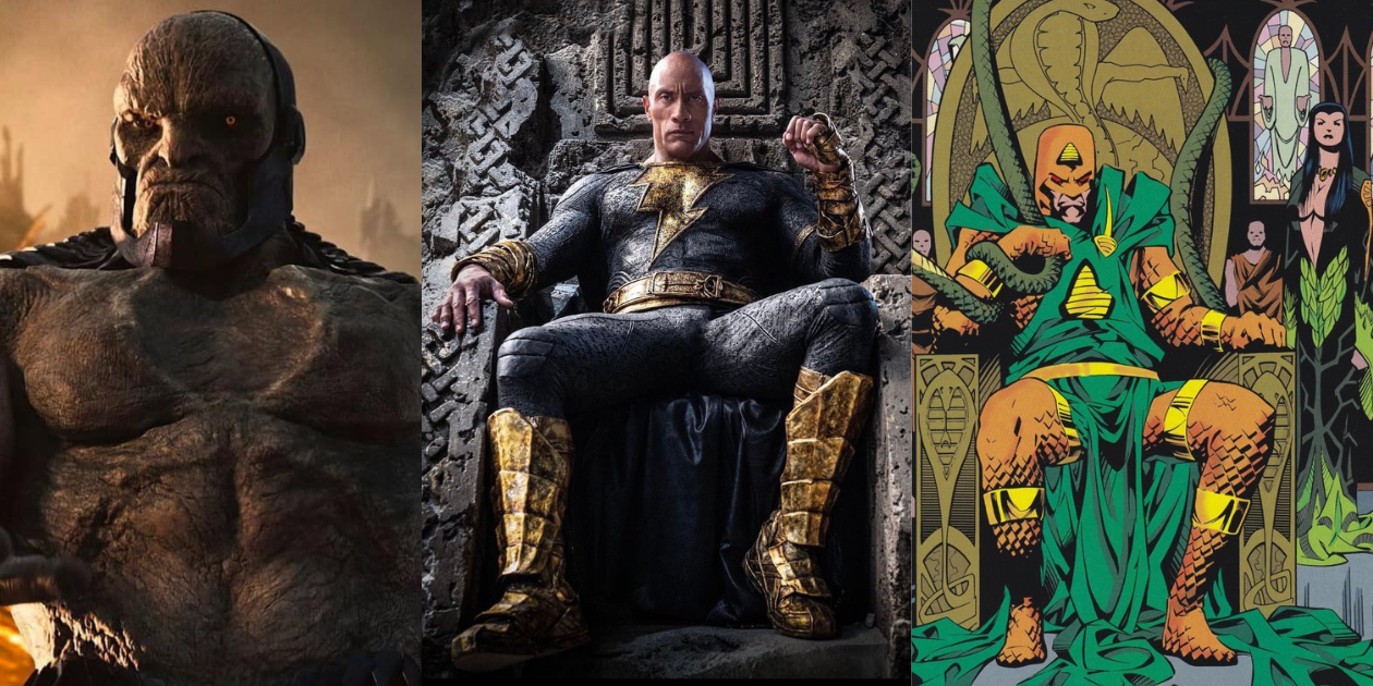 Split image of Black Adam, Darkseid, and Kobra