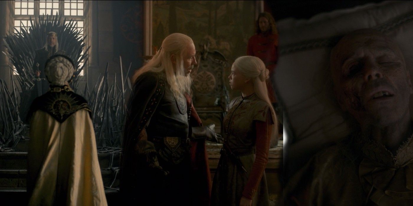 Split image of Viserys naming Rhaenyra his heir, Viserys and Rhaenyra arguing, and Viserys on his deathbed on House of the Dragon