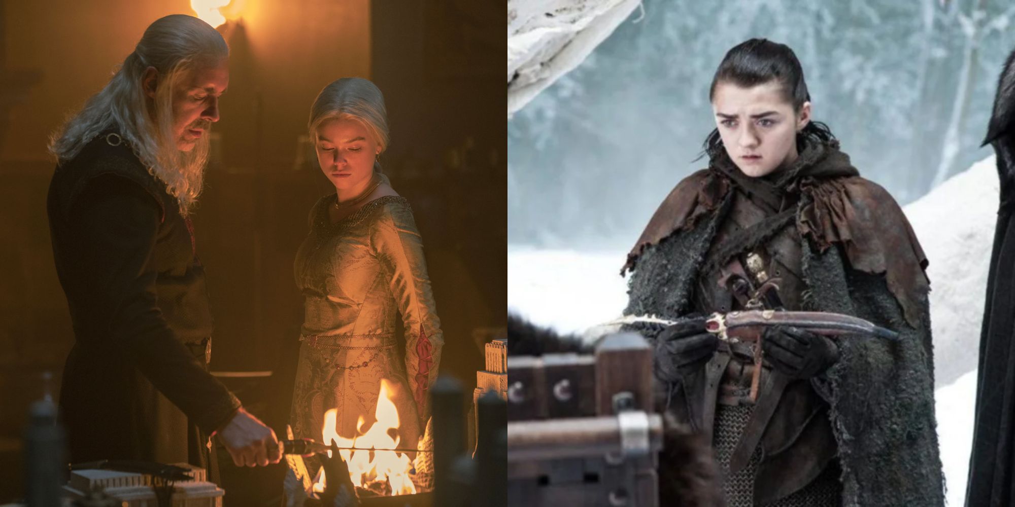 Split image showing Viserys and Rhaenyra in House of the Dragon and Arya in Game of Thrones