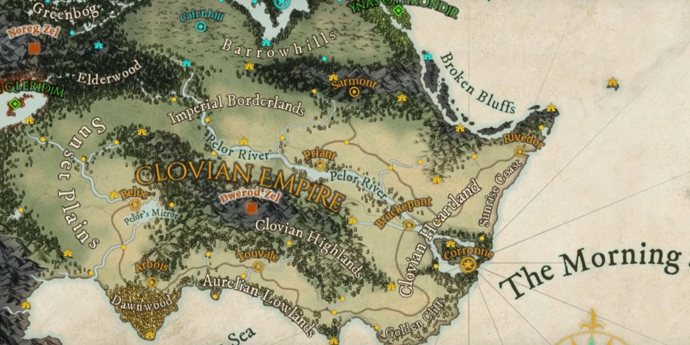 A map made in the Wonderdraft software marked as Clovian Empire. It's a coastal world with a lot of plains, and mountains to the west