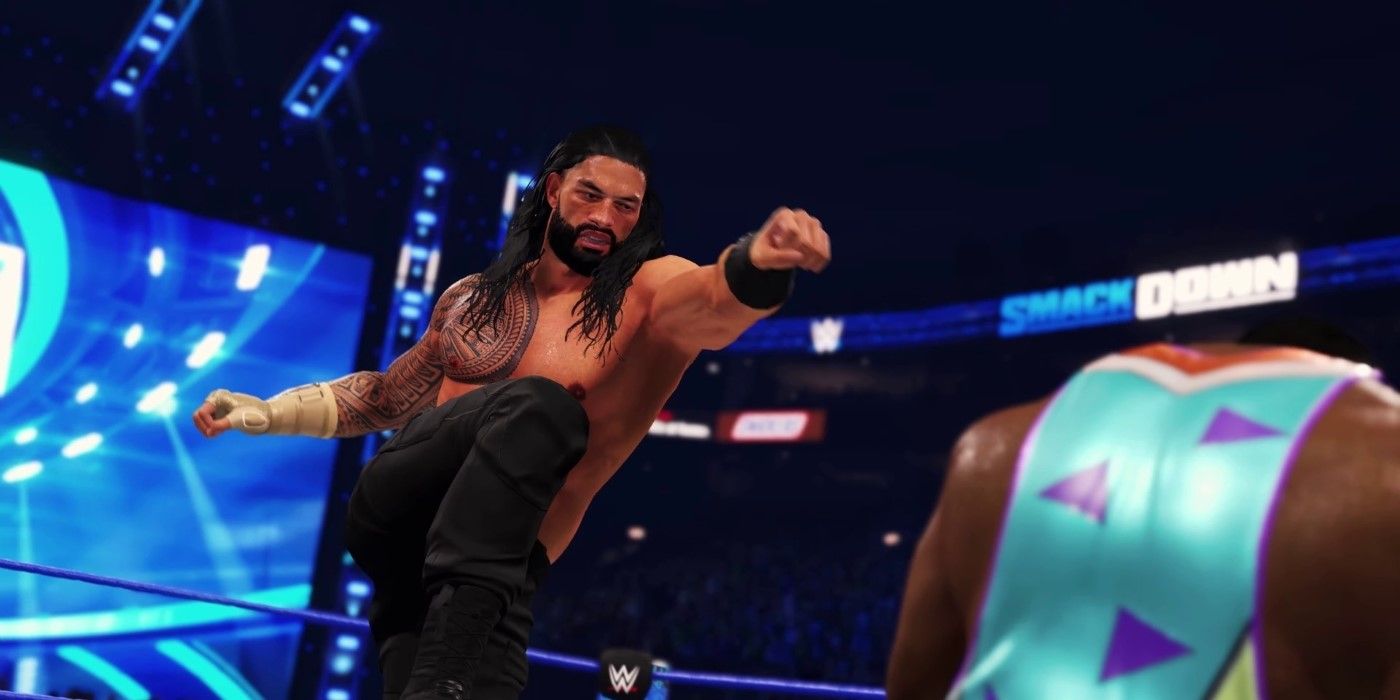 Roman Reigns kicks off the ropes in WWE 2K22.