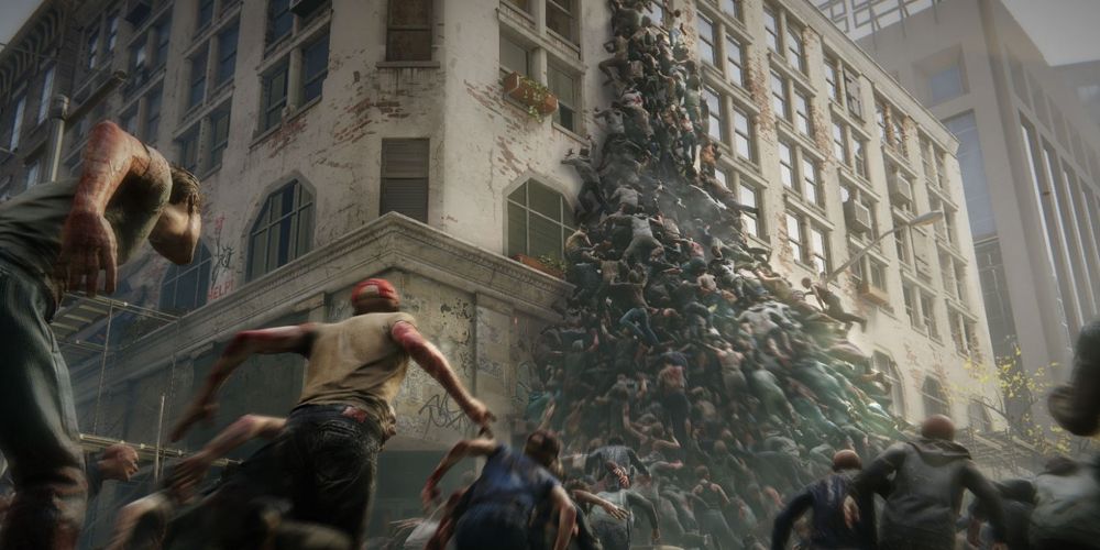 Zombies climb a building in World War Z