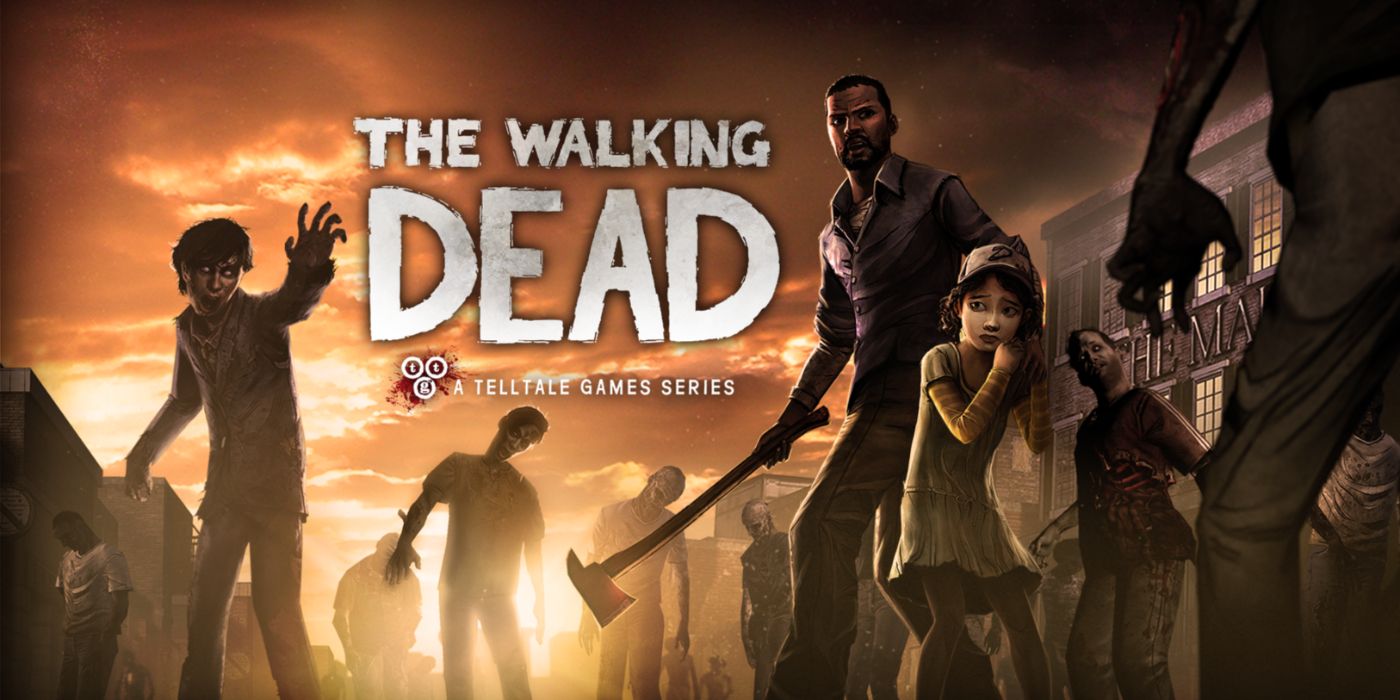 Arte promocional de The Walking Dead com Lee empunhando um machado enquanto protege Clem dos zumbis.
